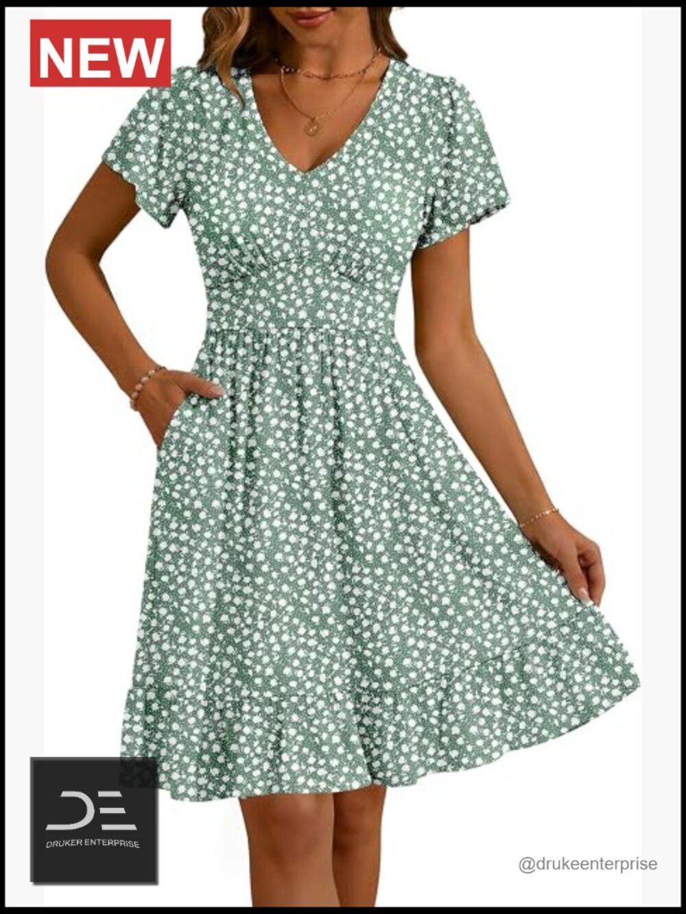 Women's V-Neck Flutter Sleeve Midi Dress with Pockets